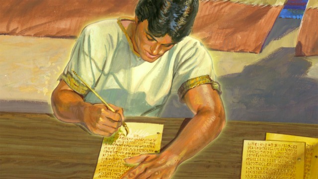 Illustration of Nephi writing on golden plates