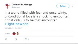 Social media post taken from Twitter stating,"In a world filled with fear and uncertainty, unconditional love is a shocking encounter. Christ calls us to be that encounter. #lighttheworld"