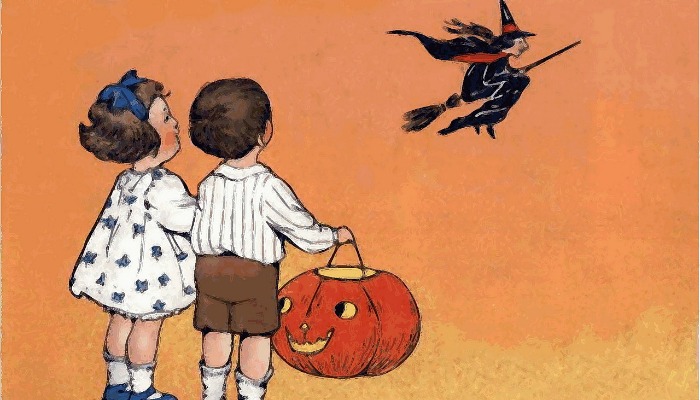 Two children who appear to have been trick-or-treating look up at a witch flying on her broom.