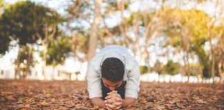 man praying on ground covered with leaves