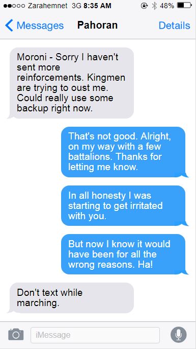 Fake text message conversation.