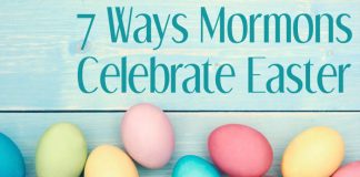 Blue Wood Background & Colorful Easter Eggs w/ Wording: 7 Ways Mormons Celebrate Easter | Third Hour | Do Mormons Celebrate Easter | LDS Easter Songs | Mormon Easter
