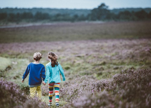 Two children holding hands and walking away from the camera