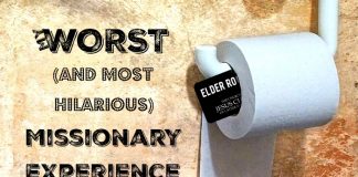 A roll of toilet paper with a Mormon missionary tag inside