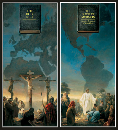 The Bible and Jerusalem side by side with The Book of Mormon in America