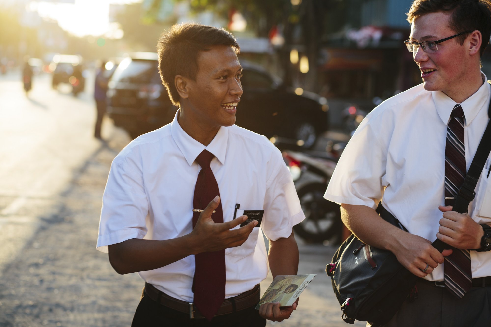 Mormon missionaries walks the streets of Indonesia. 