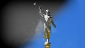 Black and white to color image of angel Moroni