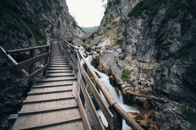 wooden path over rough terrain