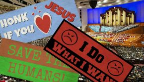 Bumper stickers in front of photo of General Conference