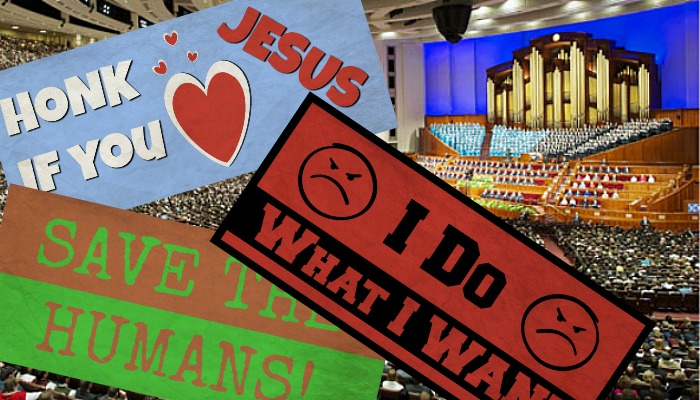 Bumper stickers in front of photo of General Conference