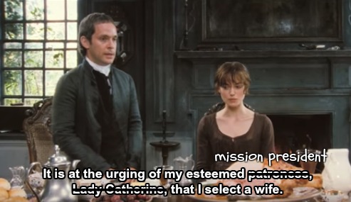 Mr. Collins saying, "It is at the urging of my esteemed patroness, Lady Catherine, that I select a wife."