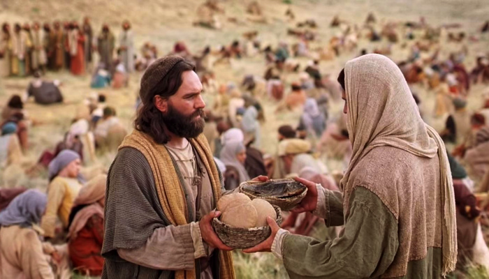 Christ and Peter holding baskets of food, from Mormon Channel