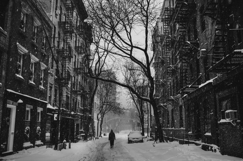 apartments around a snowy street mormon