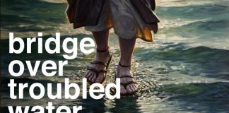 Painting of Christ's feet, with the text "Bridge Over Troubled Water" on it.