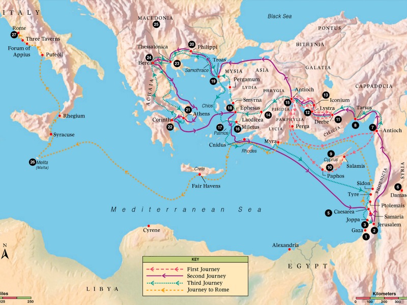 Bible map 13 Journeys of paul