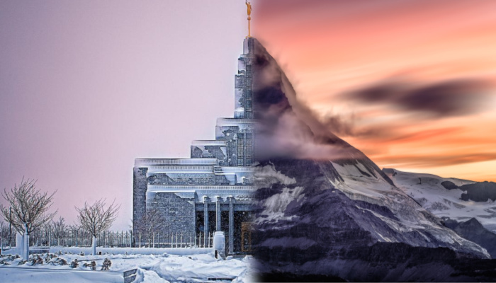 Mormon temple blended with mountain.