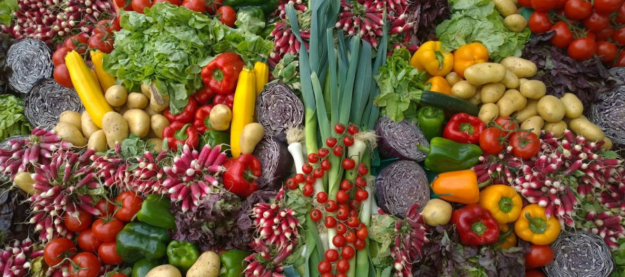 A variety of fruits and vegetables.