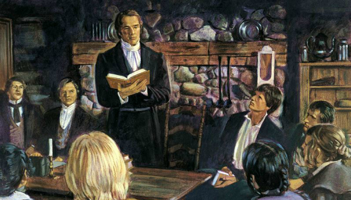 Painting of Joseph Smith in a meeting.