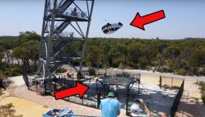 Car falling on trampoline, via Mark Rober's YouTube channel