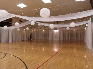 LDS cultural hall decorated for wedding.