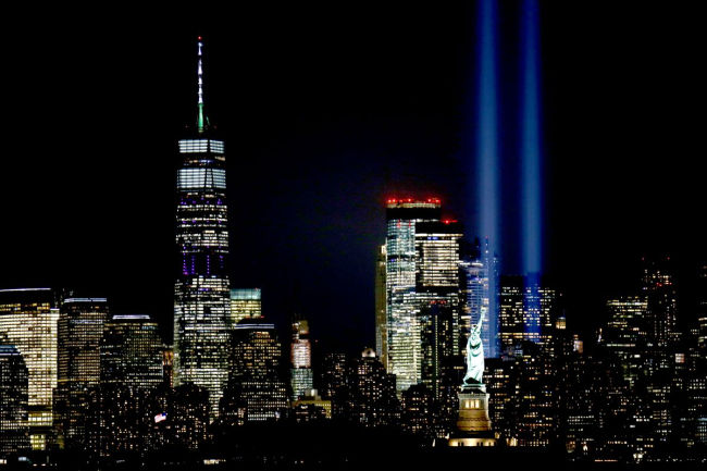 memorial lights at ground zero in new york city