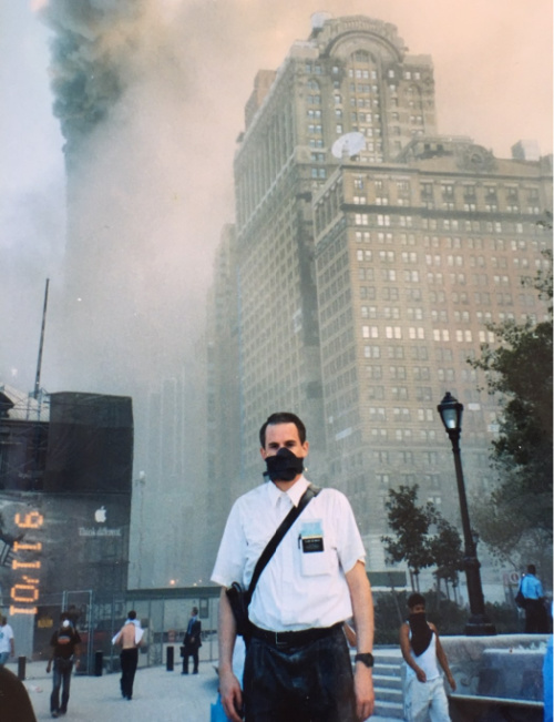 missionary standing in new york in front of terrorist attacks on 9/11