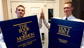 people dressed as the book of mormon and the bible