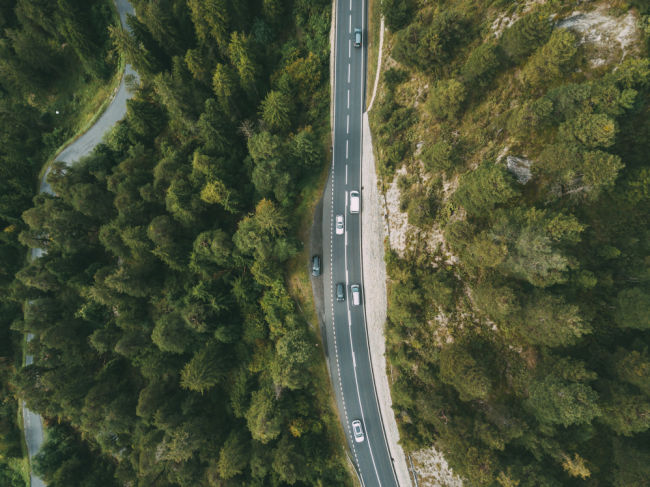 cars driving down highway through trees