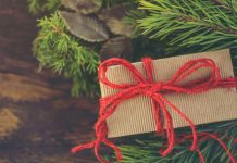 diy christmas present wrapped next to pine leaves with red bow