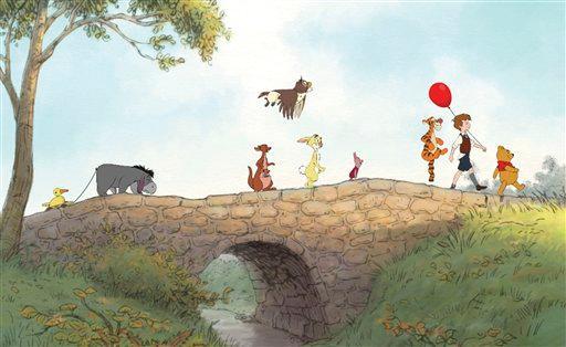 winnie the pooh and friends walking across bridge
