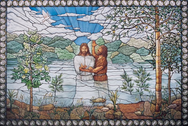 A stained glass window in the Nauvoo Temple shows John the Baptism baptizing Jesus Christ. Christ showed His love for Heavenly Father by obeying the commandments.